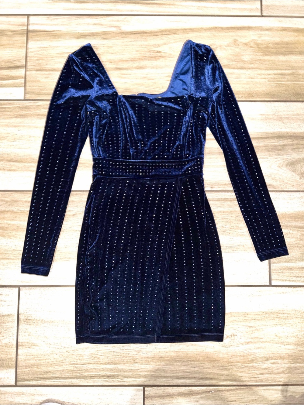 Windsor Navy Velvet Long Sleeve Rhinestone Bodycon Dress